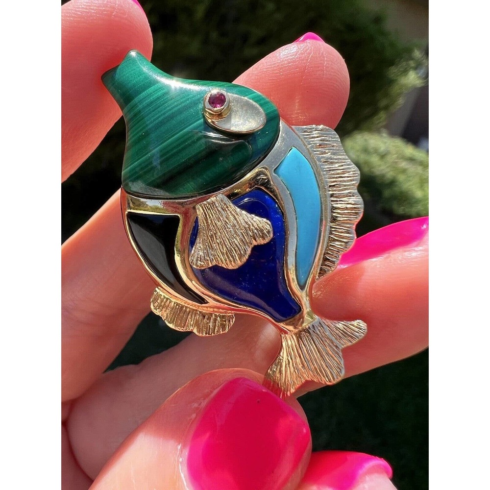 18K Gold Malachite Turquoise Lapis Onyx Fish Brooch 11.5 gram